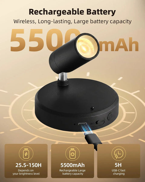 Cordless Indoor Spotlight Kit With Remote, 5500mAh Rechargeable Battery, showing USB-C charging port and LED light on base.