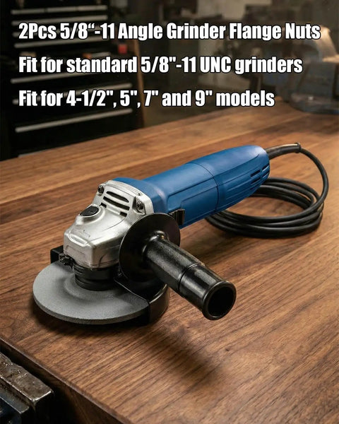 Heavy Duty Self Locking 5/8-11 Angle Grinder Flange Nuts 2-Pack with Quick Release shown with grinder on wooden table