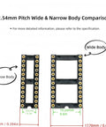 6 In 1 Narrow Body 2.54mm DIP IC Sockets Kit With Round Pin Solderable Headers comparison of wide and narrow DIP sizes