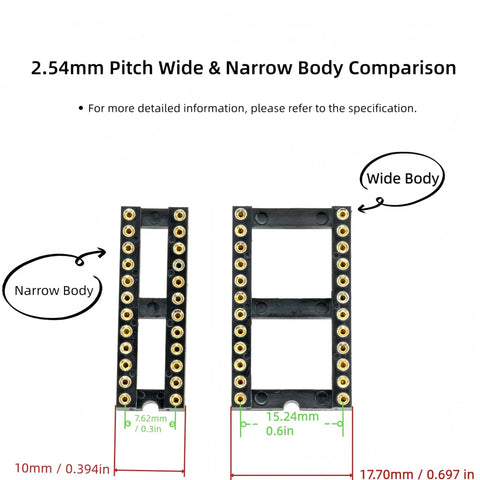 6 In 1 Narrow Body 2.54mm DIP IC Sockets Kit With Round Pin Solderable Headers comparison of wide and narrow DIP sizes