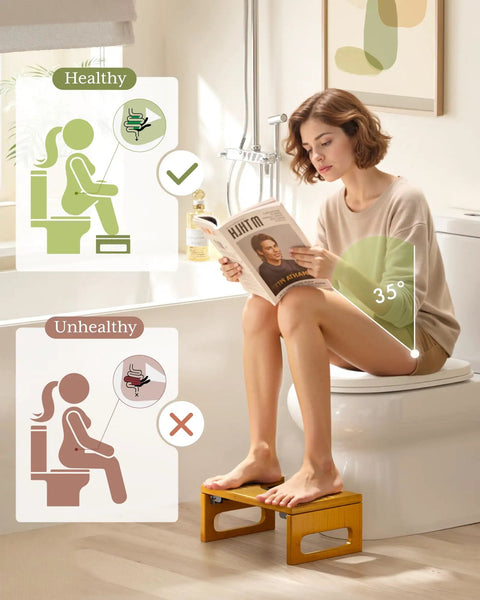 Woman using 7 Inch Bamboo Toilet Stool For Adults, Foldable Squat Potty Stool For Bathroom, 0.79 Inch Thick With Non Slip Strip.