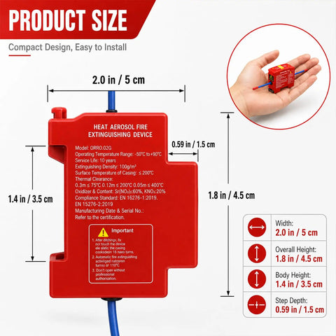 Image showing product dimensions of the 10 Pack Temp Triggered Fire Extinguishers Dual Din Rail Mount Heat Aerosol Auto Flame Suppressors.