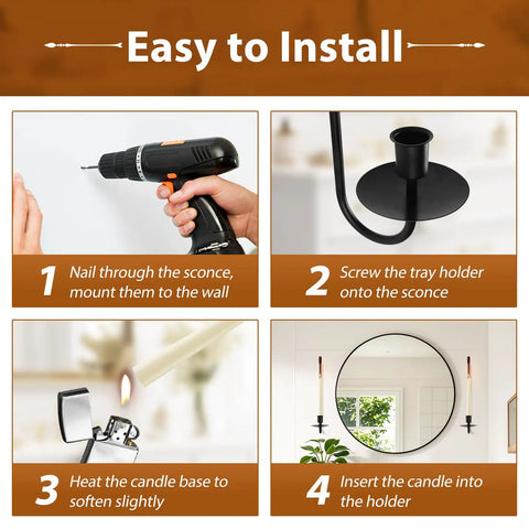 Upgrade Your Digs With These Dope Black Metal Wall Candle Sconce Holder Set Of Two Featuring Removable Taper And Pillar Disks For A Chill Cozy Ambiance installation steps collage.