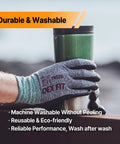 Nitrile Work Gloves FN330 with All Day Comfort and 3D Stretch Fit, grey gloves gripping a metal cup, machine washable, Size Small.