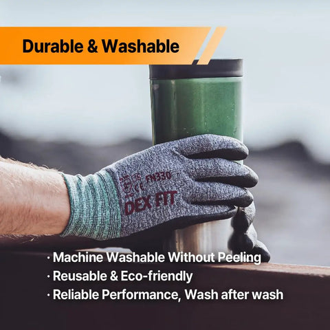 Person wearing Nitrile Work Gloves FN330 3D Comfort Stretchy Fit holding mug, demonstrating durability and washable feature.