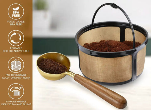 Gold reusable coffee filter for K Duo Essentials, BPA-free mesh basket with ground coffee and wooden handle scoop, eco-friendly