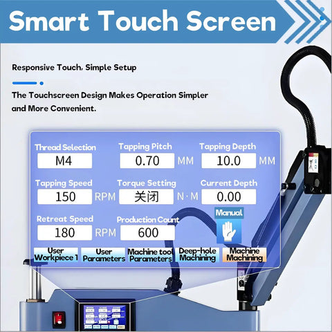 Heavy Duty Workhorse Electric Touch Tapping Machine With Universal 360 Degree Servo Motor Arm touch screen interface displaying settings.
