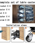 Heavy Duty Retractable Workbench Casters Kit with brackets, nuts, washers, and screws for easy installation