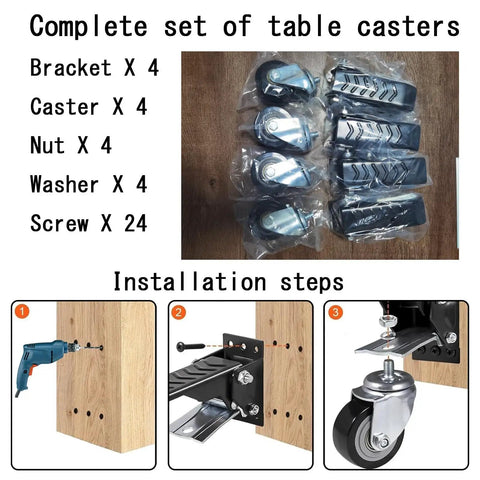 Heavy Duty Retractable Workbench Casters Kit with brackets, nuts, washers, and screws for easy installation