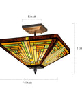 Tiffany Style Stained Glass Ceiling Lamp 2 Light 14 Inch Wide Amber Brown Semi Flush Mount with warm glow, handcrafted shade