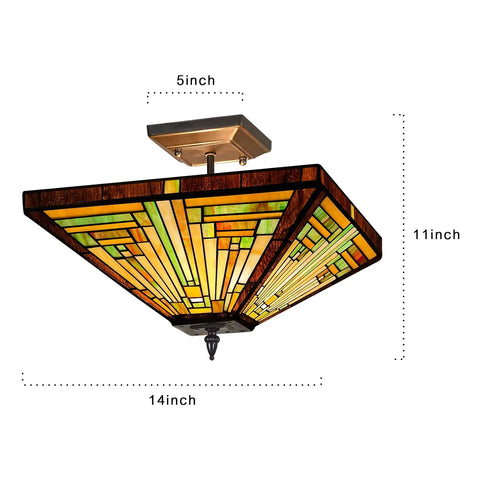 Tiffany Style Stained Glass Ceiling Lamp 2 Light 14 Inch Wide Amber Brown Semi Flush Mount with warm glow, handcrafted shade