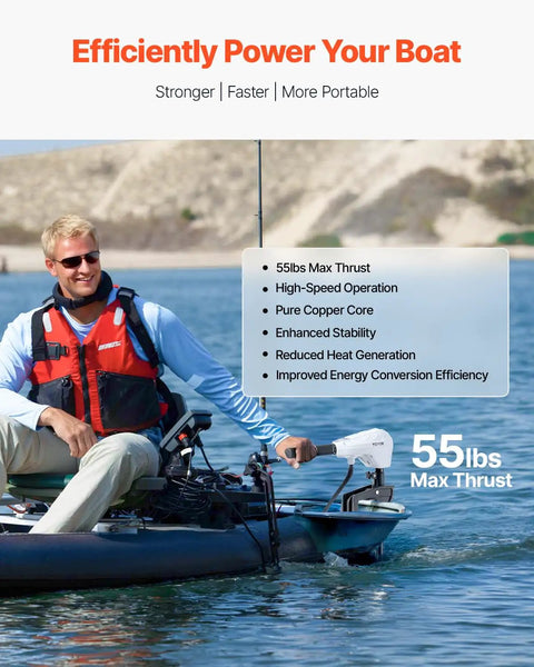 Person using Electric Trolling Motor For Kayaks And Fishing Boats, 12V 55 Lbs Thrust, Transom Mounted Outboard in water