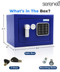 Premium Steel Digital Safe Box With Electronic And Mechanical Access For Cash Jewelry And Small Guns Compact 9.1 Inch By 6.7 Inch By 6.7 Inch Lockbox For Hotels Cabinets And Home Use In Blue shown with keys and mounting bolts.