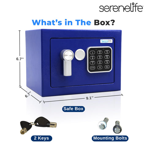 Premium Steel Digital Safe Box With Electronic And Mechanical Access For Cash Jewelry And Small Guns Compact 9.1 Inch By 6.7 Inch By 6.7 Inch Lockbox For Hotels Cabinets And Home Use In Blue shown with keys and mounting bolts.