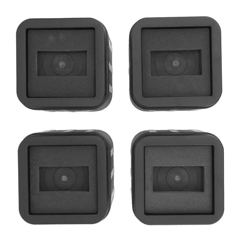 4 Pack Furniture Vibration Control Pads With Ultra Grippy Rubber Feet For Washing Machines Sofas And Beds Quiet Anti Vibration And Anti Slip Solution That Lifts Height And Reduces Noise Stackable Bed Risers Included, showing four black rubber pads viewed from above.