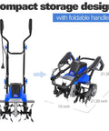 Powerful 16 Inch Corded Garden Tiller Cultivator with foldable handle, compact storage, six steel tines, electric rototiller