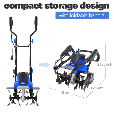 Powerful 16 Inch Corded Garden Tiller Cultivator with foldable handle, compact storage, six steel tines, electric rototiller