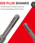 Close-up of SDS Plus shanks from All In One Heavy Duty 3 Piece SDS Plus Chisel Set For Rotary Hammer Drills With Storage Case Includes Flat Chisel Point Chisel And Scaling Chisel For Tile Removal Demolition Grooving And Cement Work Pro Grade Alloy Steel Bits.