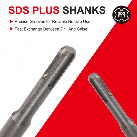 Close-up of SDS Plus shanks from All In One Heavy Duty 3 Piece SDS Plus Chisel Set For Rotary Hammer Drills With Storage Case Includes Flat Chisel Point Chisel And Scaling Chisel For Tile Removal Demolition Grooving And Cement Work Pro Grade Alloy Steel Bits.
