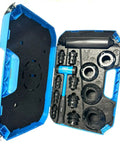 Open TMFT36 Bearing Tools Set Pro Grade Mounting Kit in blue case with various sized tools for installing and removing bearings.