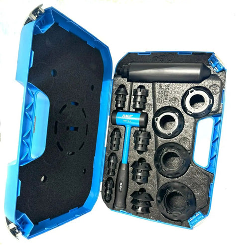 Open TMFT36 Bearing Tools Set Pro Grade Mounting Kit in blue case with various sized tools for installing and removing bearings.