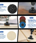 136 Pcs 2 Inch Die Grinder Sanding Discs Kit With Quick Change 1/4 Roll Lock For Right Angle Grinders And M12 Drills, showing black, non-woven, and wool discs for metal, wood, plastic, and fiberglass.