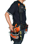 Side view of Pro Framer Combo System Tool Belt With Suspenders Do It All Rugged Heavy Duty Construction Pouch Set on person