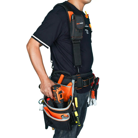 Side view of Pro Framer Combo System Tool Belt With Suspenders Do It All Rugged Heavy Duty Construction Pouch Set on person