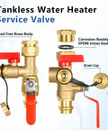 Heavy Duty 3/4 Inch Tankless Water Heater Valve Kit With Pressure Relief Valve And Full Port Ball Valves For Gas Plumbing Lead Free Brass No Sweat Setup Real Deal Performance 20 Pack showing service valve with red handle.