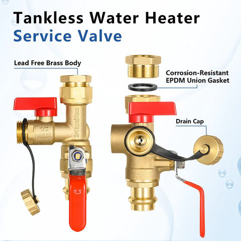 Heavy Duty 3/4 Inch Tankless Water Heater Valve Kit With Pressure Relief Valve And Full Port Ball Valves For Gas Plumbing Lead Free Brass No Sweat Setup Real Deal Performance 20 Pack showing service valve with red handle.