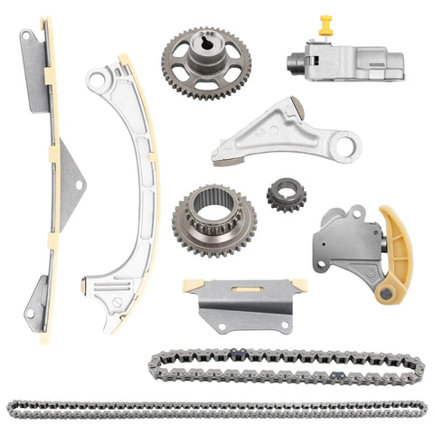 Engine Timing Chain Kit For 2015 2020 Acura TLX ILX Honda Accord CR-V 2.4L Engine Replacement parts laid out.