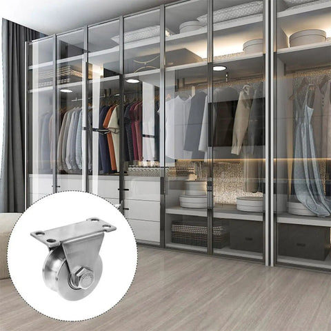 Stainless Steel Sliding Door Pulleys With Double Bearing And Heavy Duty Triangular Bracket Window Rollers Built Tough For Real Smooth Operation On Any Home Setup in modern wardrobe.