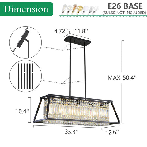 Dimensions of Lit Black Crystal Chandelier Pendant Light For Dining Room And Kitchen Island, 5-Light Rectangular Fixture