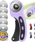 Purple rotary cutter for fabric with 45mm blades and 5 extra replacement blades, versatile craft cutter ideal for sewing and quilting.
