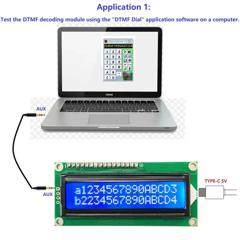 MT8870 DTMF Decoder LCD Display Module connected to a laptop, showing DTMF dial application with numeric display.