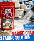Marine Deck Cleaner Tablets That Make Six Gallons, Non Skid Boat Deck Wash, package near boat deck with water spray