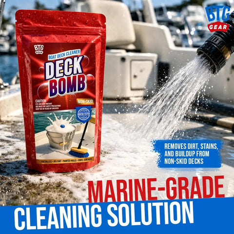 Marine Deck Cleaner Tablets That Make Six Gallons, Non Skid Boat Deck Wash, package near boat deck with water spray
