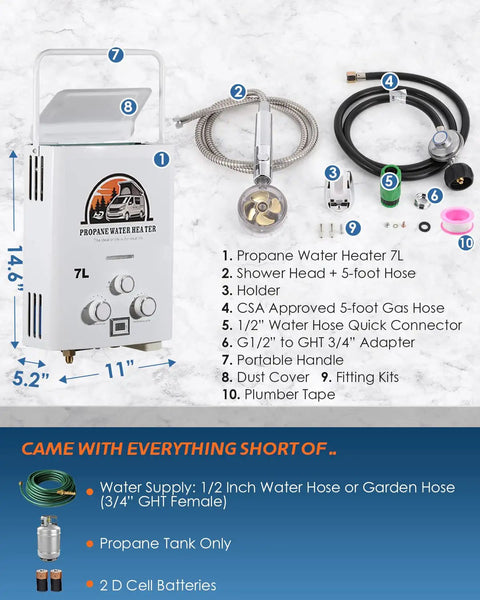 Portable 7L Propane Gas Water Heater With 1.85 GPM Tankless Instant Hot Water for Outdoor Shower RV Camping Cabin Boat, complete kit shown.