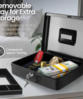 Metal Cash Box With Lock And Nine Compartment Tray For Small Biz Portable Money Box shown open with various valuables inside