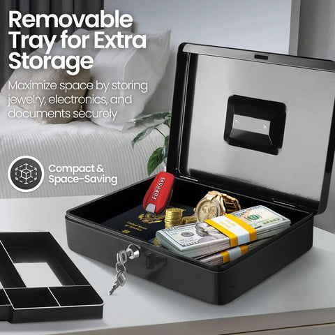 Metal Cash Box With Lock And Nine Compartment Tray For Small Biz Portable Money Box shown open with various valuables inside