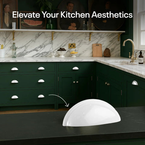 White Cup Drawer Pulls 3 Inch, 10 Pack Cabinet Handles for kitchen cabinets on countertop with green cabinets