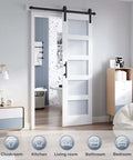 24 By 84 Inch Glass Sliding Barn Door Slab with Frosted Glass LVL Wood Core in a modern living area, DIY setup shown