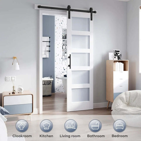 24 By 84 Inch Glass Sliding Barn Door Slab with Frosted Glass LVL Wood Core in a modern living area, DIY setup shown