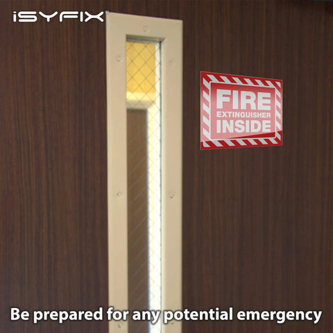 Fire Extinguisher Inside Signs Stickers Pack 5 5x4 Inch Self Adhesive Vinyl Decals on wooden door for safety awareness.