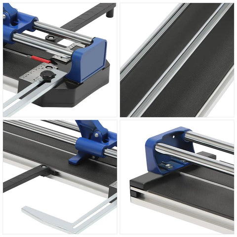 Close-up of 24Inch Heavy Duty Manual Tile Cutter For Porcelain And Ceramic Slabs Featuring Tungsten Alloy Score Wheel and dual steel rails.