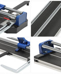 Built Like A Tank 24 Inch Manual Tile Cutter For Porcelain And Ceramic Tiles Featuring Tungsten Alloy Wheel Dual Steel Rails Infrared Laser Alignment And Precision Ruler Bar close-up of cutting wheels and dual rails