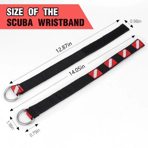 4 Pack Scuba Wrist Straps With Adjustable Nylon Band And Stainless Steel D Ring with size dimensions, 6.5 to 11 inch fit