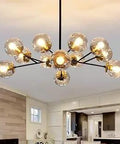 12 Light Glass Sputnik Chandelier In Matte Black, Large Rustic Ceiling Pendant For High Ceilings installed in modern kitchen