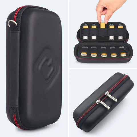 Slick Flash Drive Case and USB Stick Organizer for Keeping Thumb Drives Locked Down Tight During Everyday Commutes with Hella Secure Snap Closure and Comfortable Pocket Friendly Profile, black EVA case with ten USB sticks visible.
