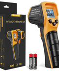 Infrared Thermometer Laser Temp Gun With Calibration, Adjustable Emissivity, from -58F to 1112F, yellow, packaging and batteries